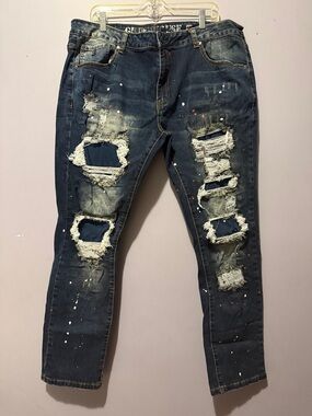 GRINDHOUSE Slim-Straight Distressed Dark Blue Jeans with Paint-Splash Detail